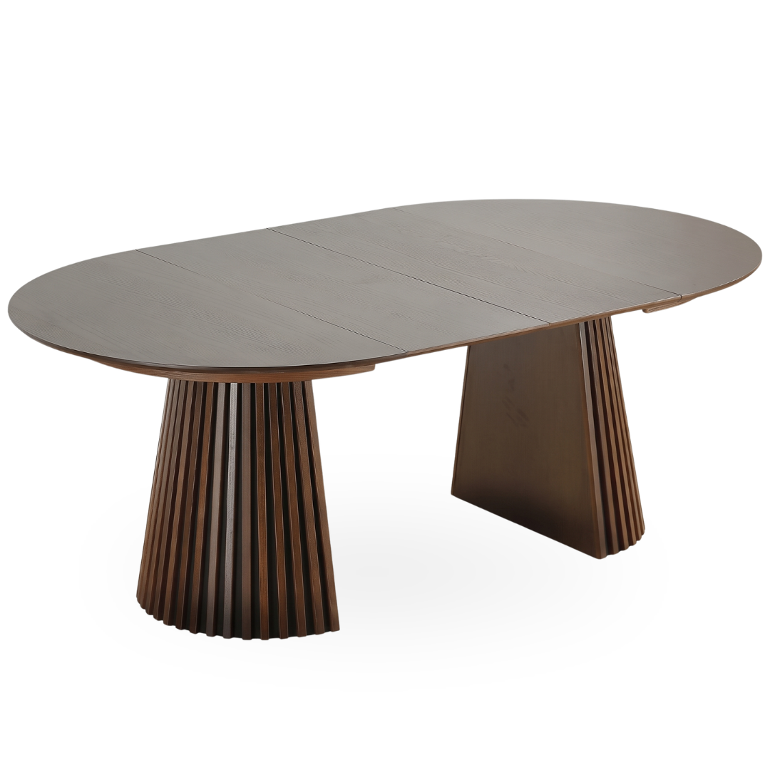 Lewis - Ronde lamellen eettafel in gerookt eikenfineer met uittrekfunctie 120/160/200 cm - 2 inlegbladen inbegrepen