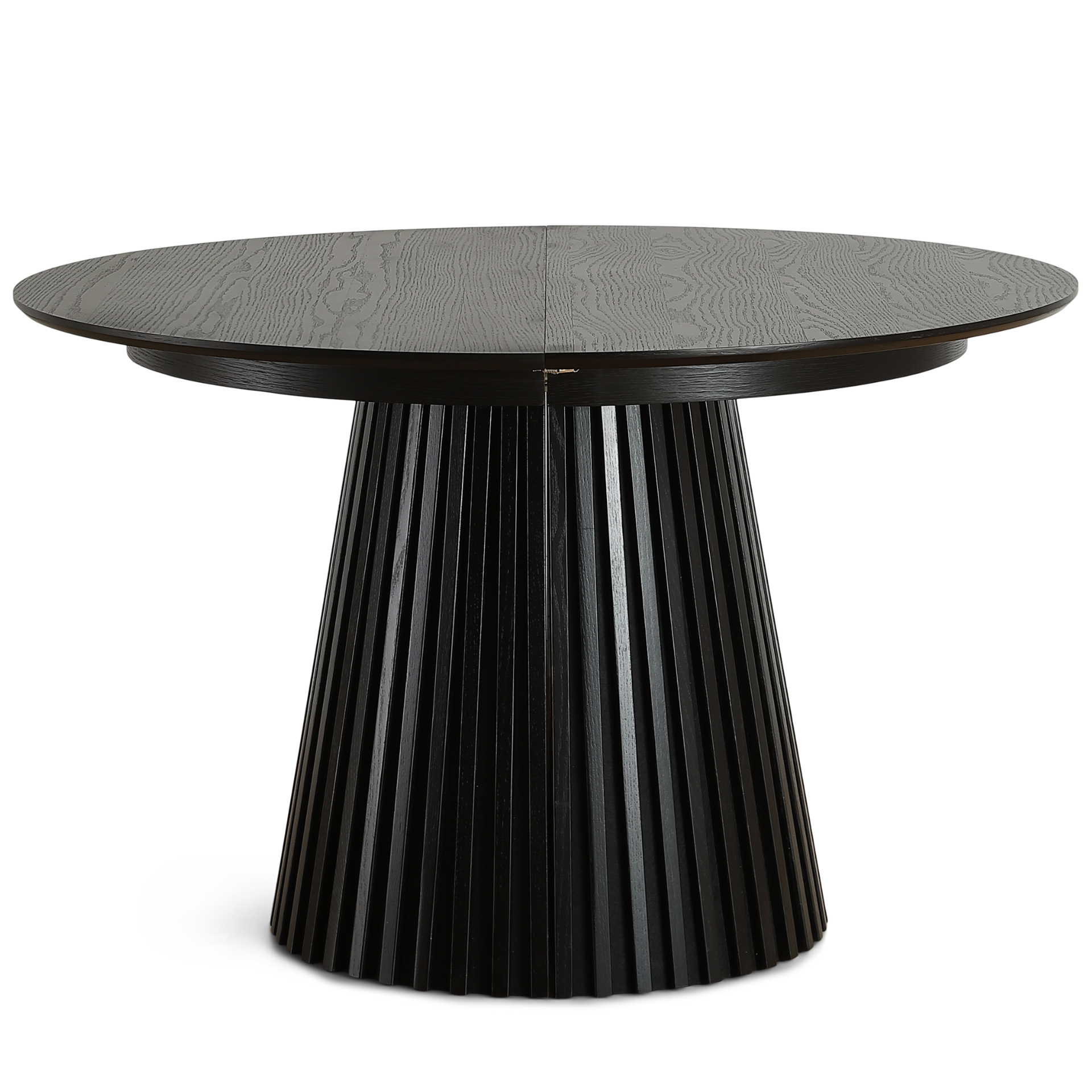 Lewis - Ronde lamel eettafel in zwart eikenfineer met uittrekfunctie 120/160/200 cm - 2 uitbreidingsbladen inbegrepen