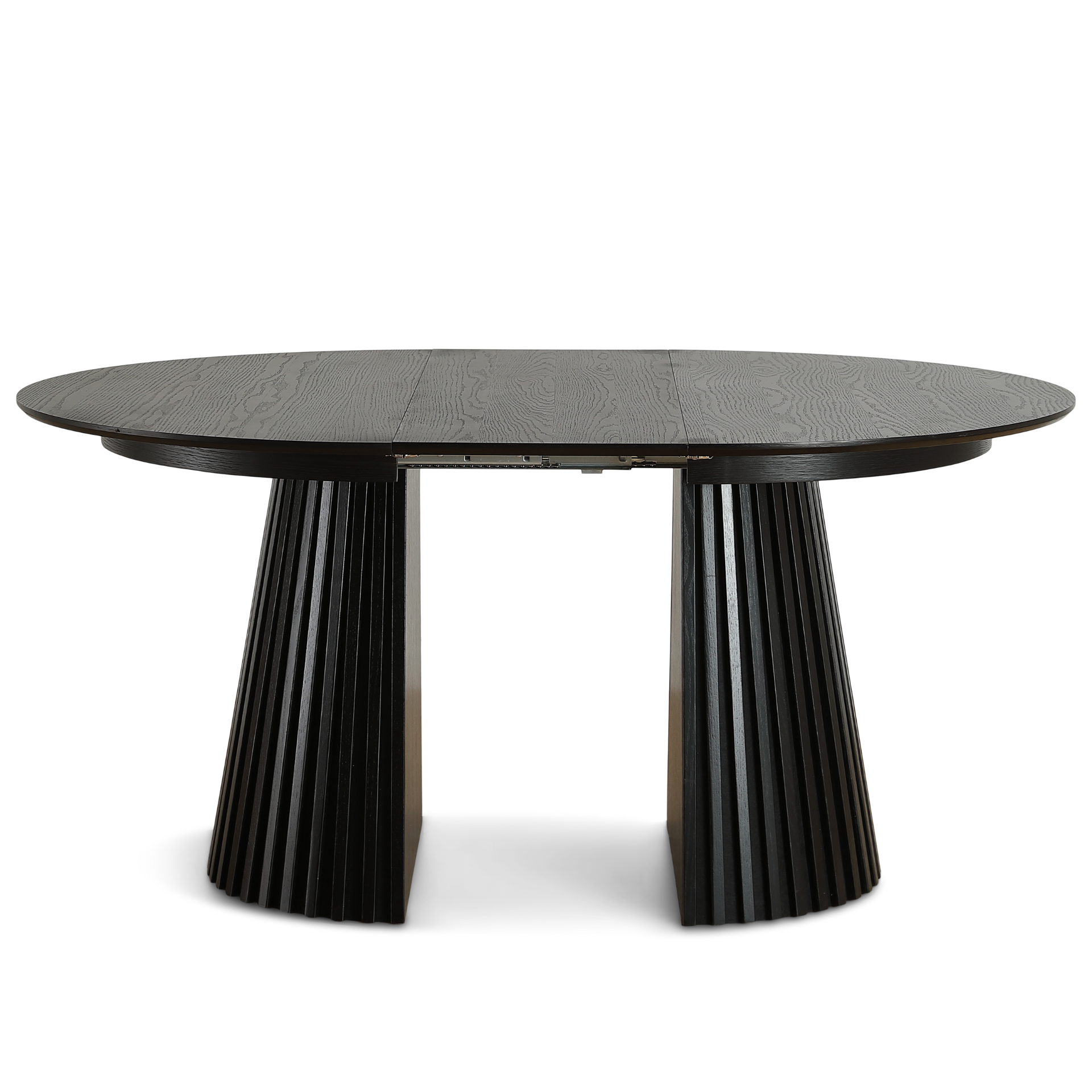 Lewis - Ronde lamel eettafel in zwart eikenfineer met uittrekfunctie 120/160/200 cm - 2 uitbreidingsbladen inbegrepen
