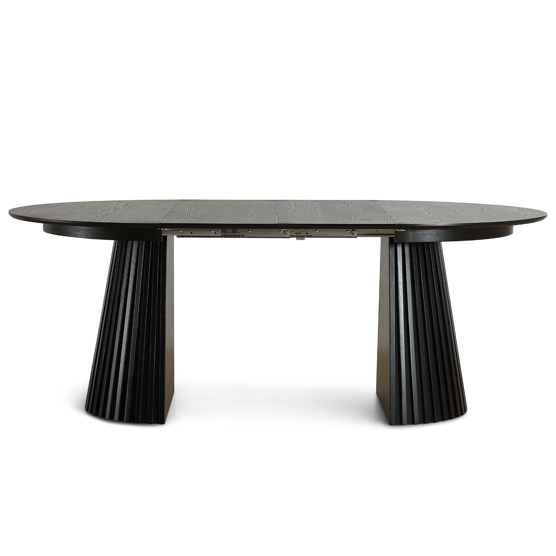 Lewis - Ronde lamel eettafel in zwart eikenfineer met uittrekfunctie 120/160/200 cm - 2 uitbreidingsbladen inbegrepen