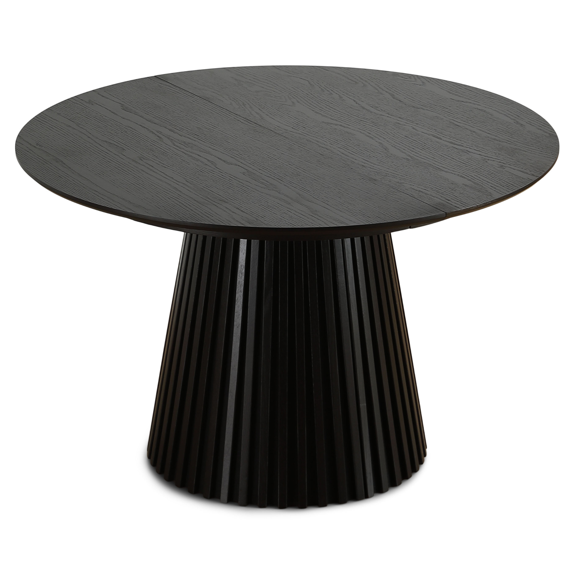 Lewis - Ronde lamel eettafel in zwart eikenfineer met uittrekfunctie 120/160/200 cm - 2 uitbreidingsbladen inbegrepen