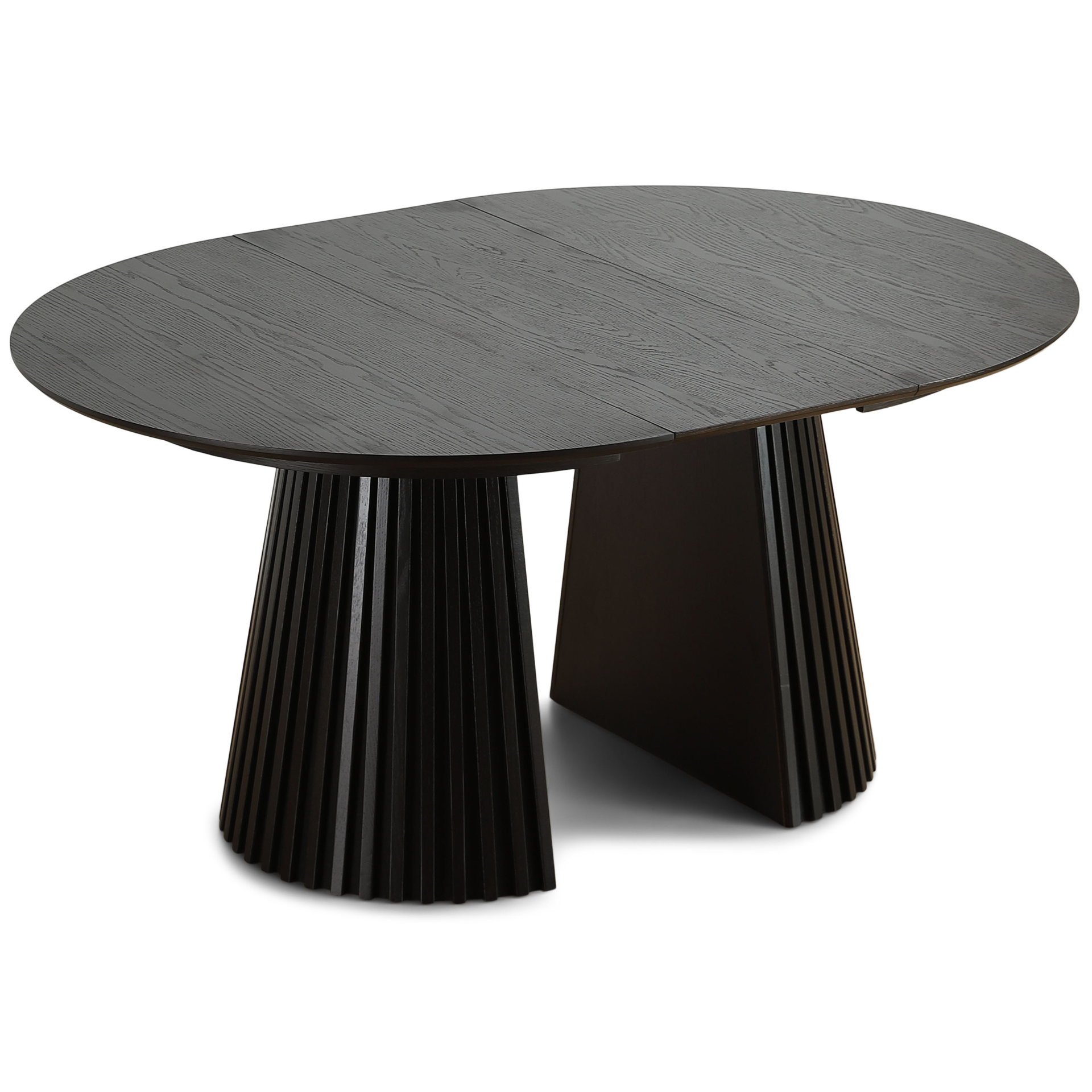 Lewis - Ronde lamel eettafel in zwart eikenfineer met uittrekfunctie 120/160/200 cm - 2 uitbreidingsbladen inbegrepen