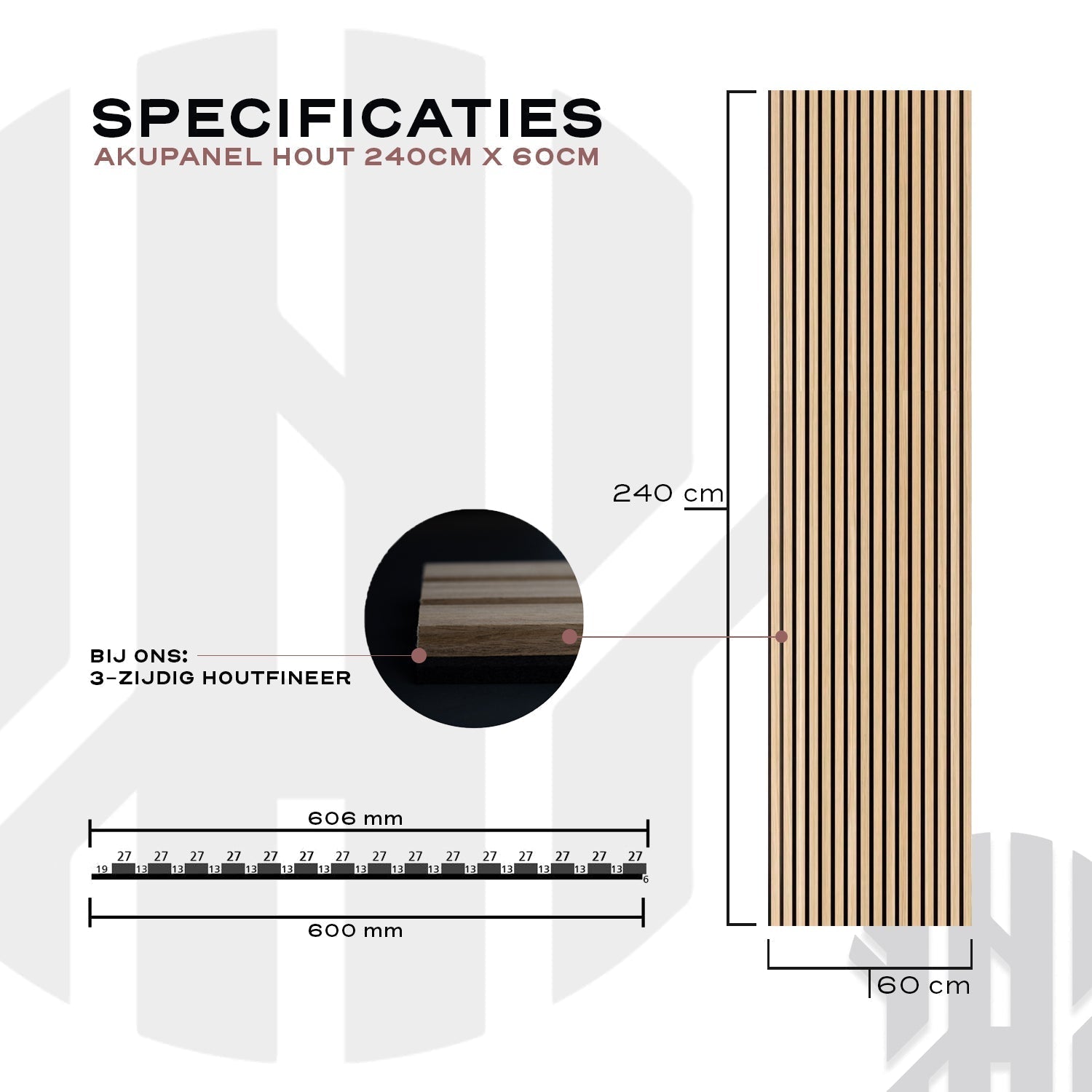 AkuPanel Naturel Eiken-Hout | 240cm x 60cm | 3-zijdig écht houtfineer